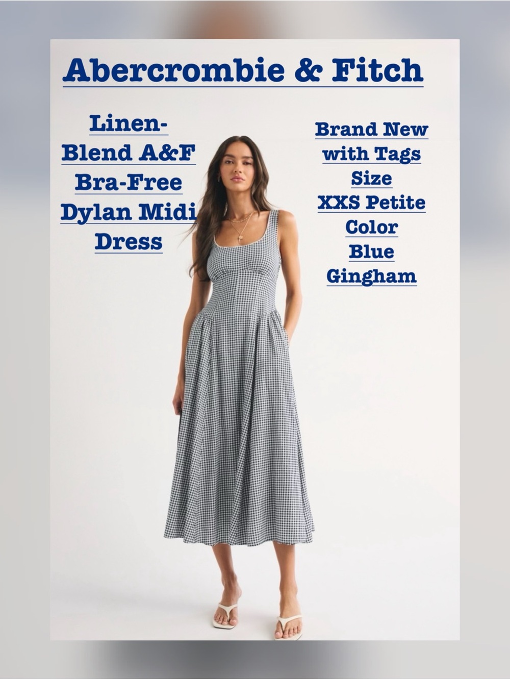 Abercrombie & Fitch Linen-Blend Bra-Free Dylan Midi Dress in Blue Gingham